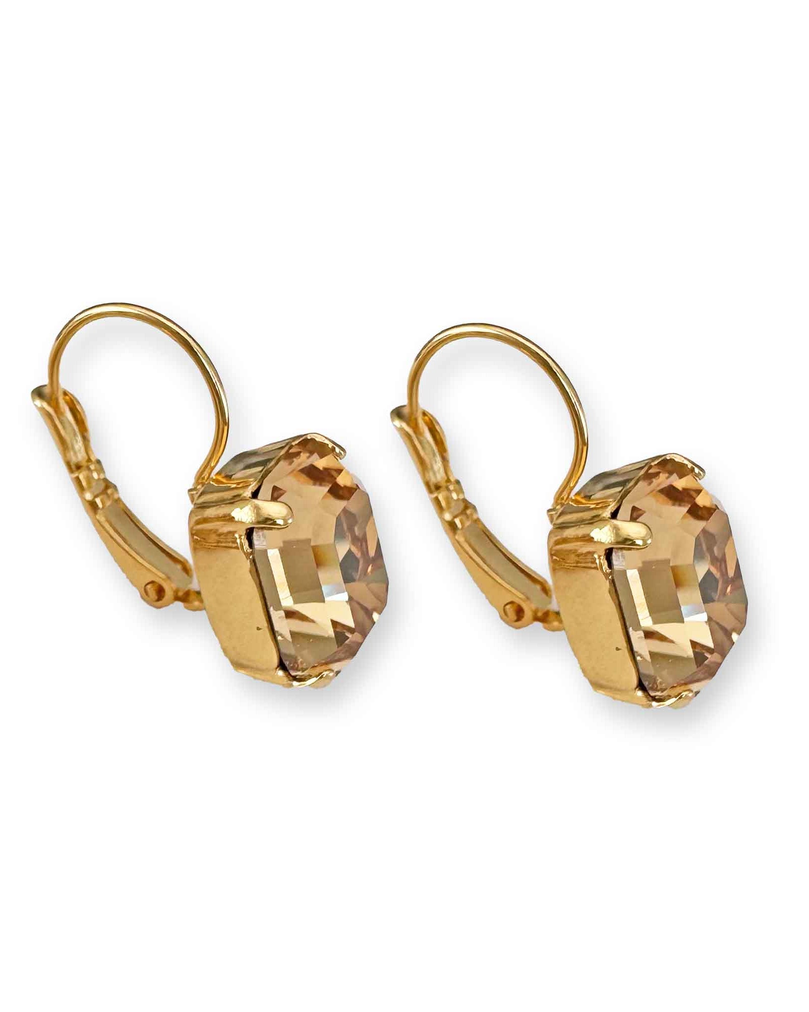 Side view of gold and light Colorado topaz crystal drop earrings.