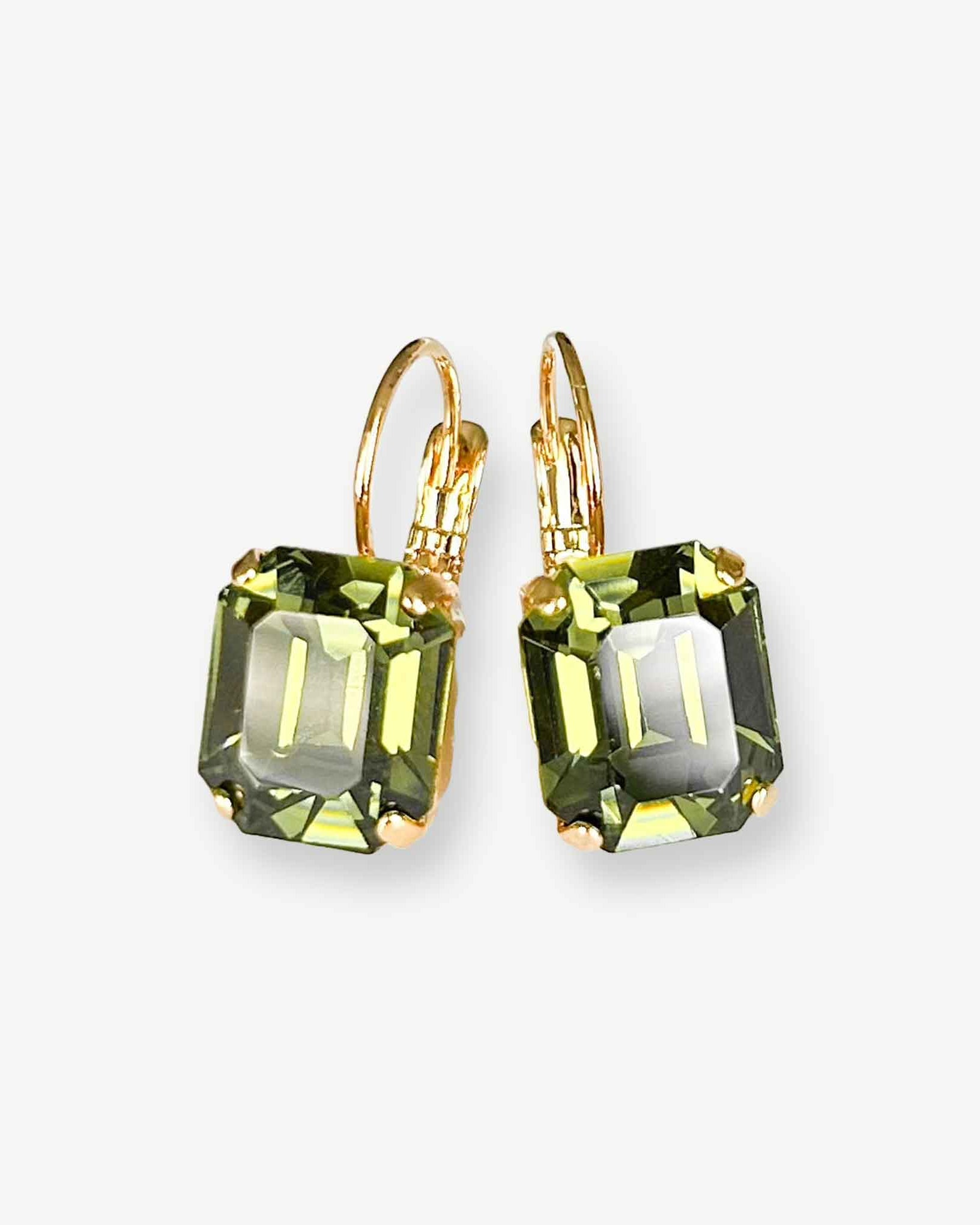 Olive green crystal lever back earrings. Crystal is vintage Swarovski and emerald cut.