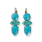 Aqua and turquoise crystal drop earrings in a antique brass setting, inspired by Caribbean blue waters. Lightweight and handmade, perfect for summer or vacation wear.