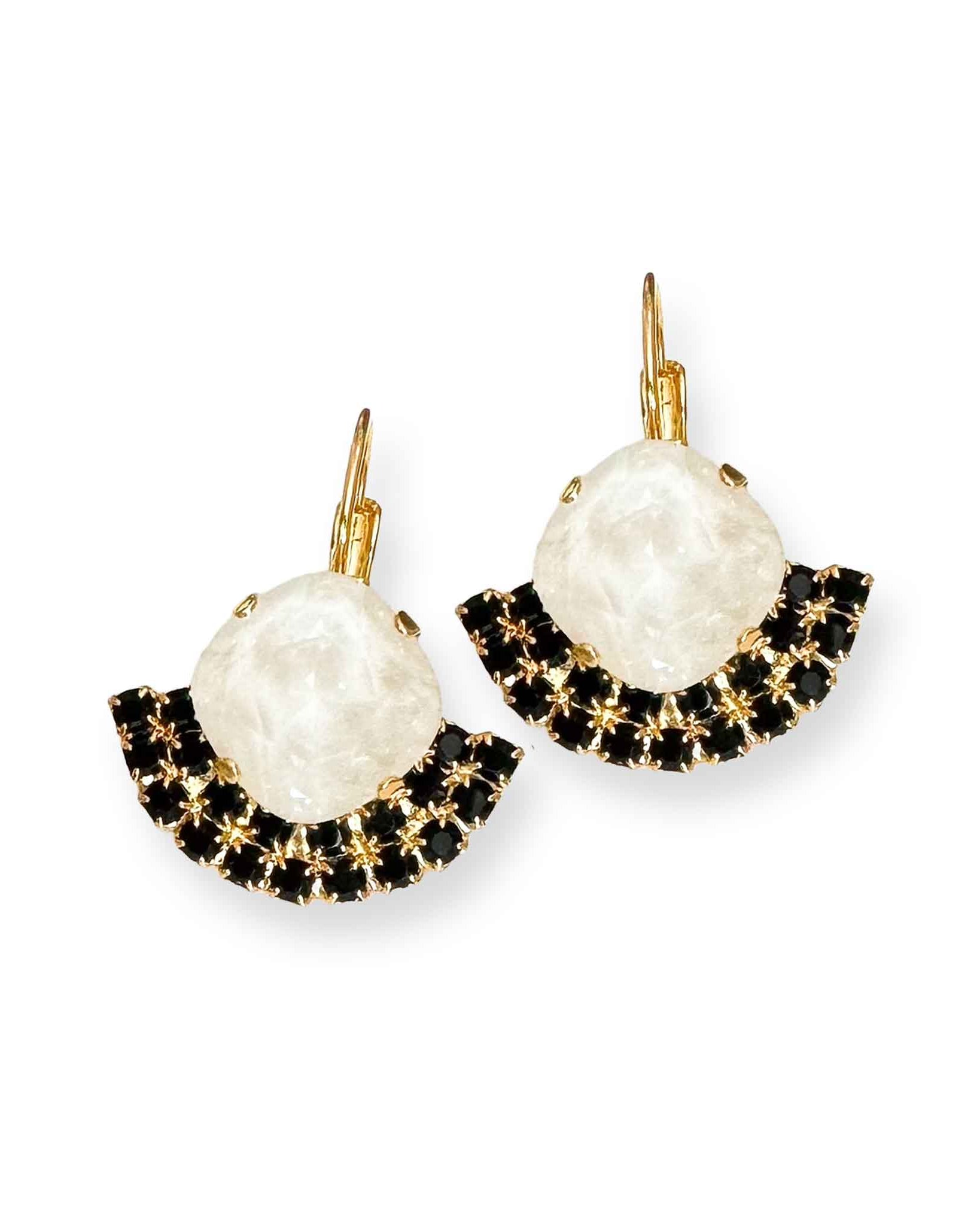 Black and white European crystal fan-shaped earrings shown in gold.