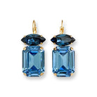 Blue jeweled earrings - emerald and marquise cut Czech crystal set in warm gold.