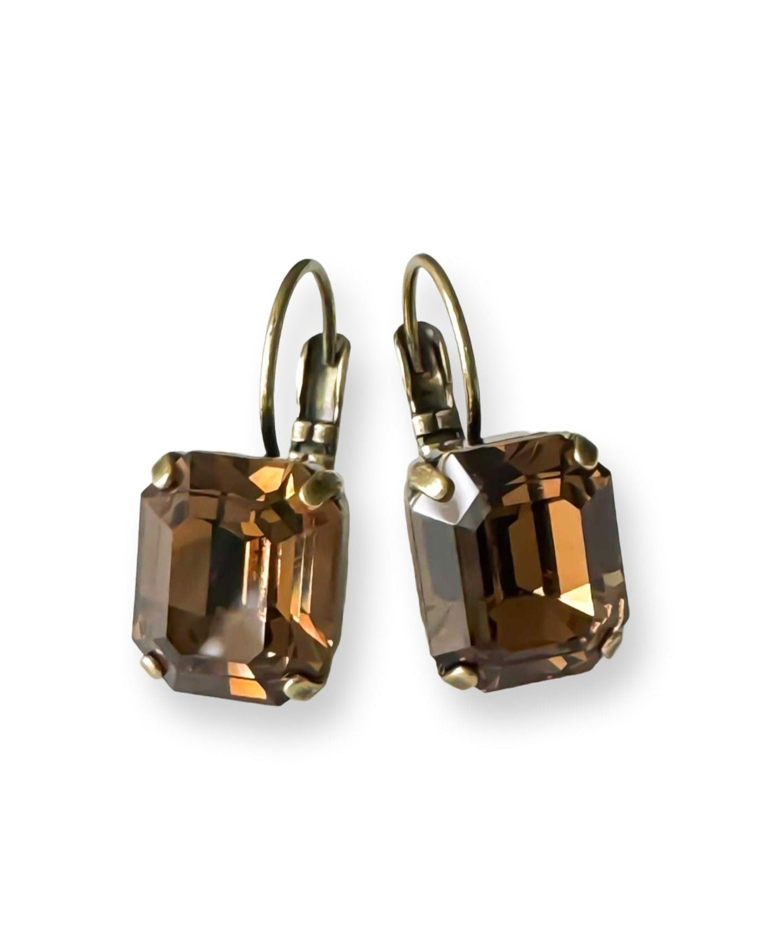 Emerald cut dark brown topaz earrings with antique brass finish.