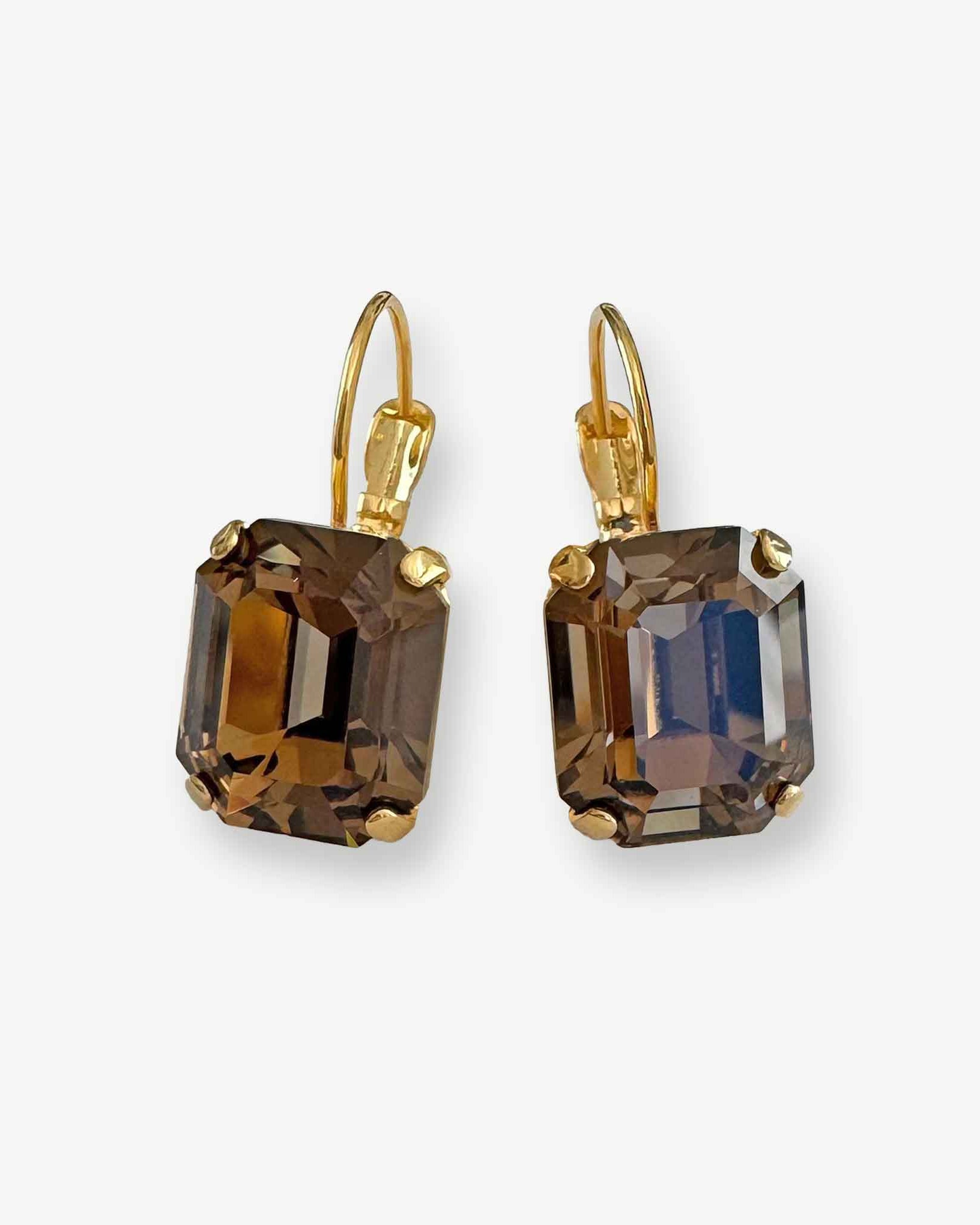 Emerald cut dark brown crystal drop earrings with leverbacks.