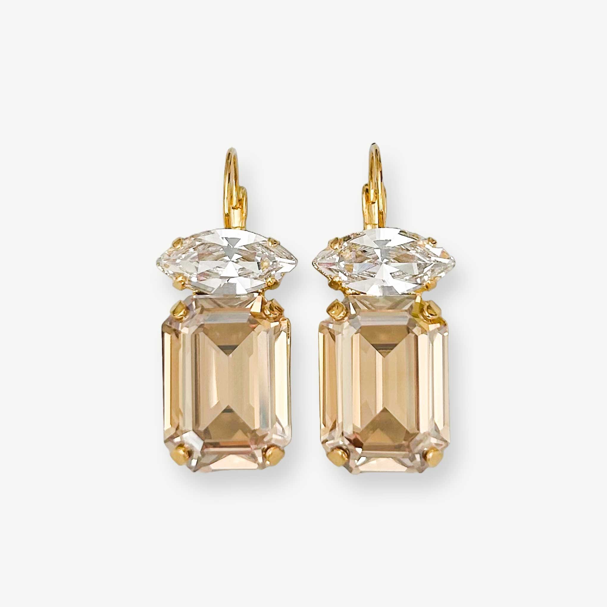 Emerald cut champagne drop earrings shown in gold finish.