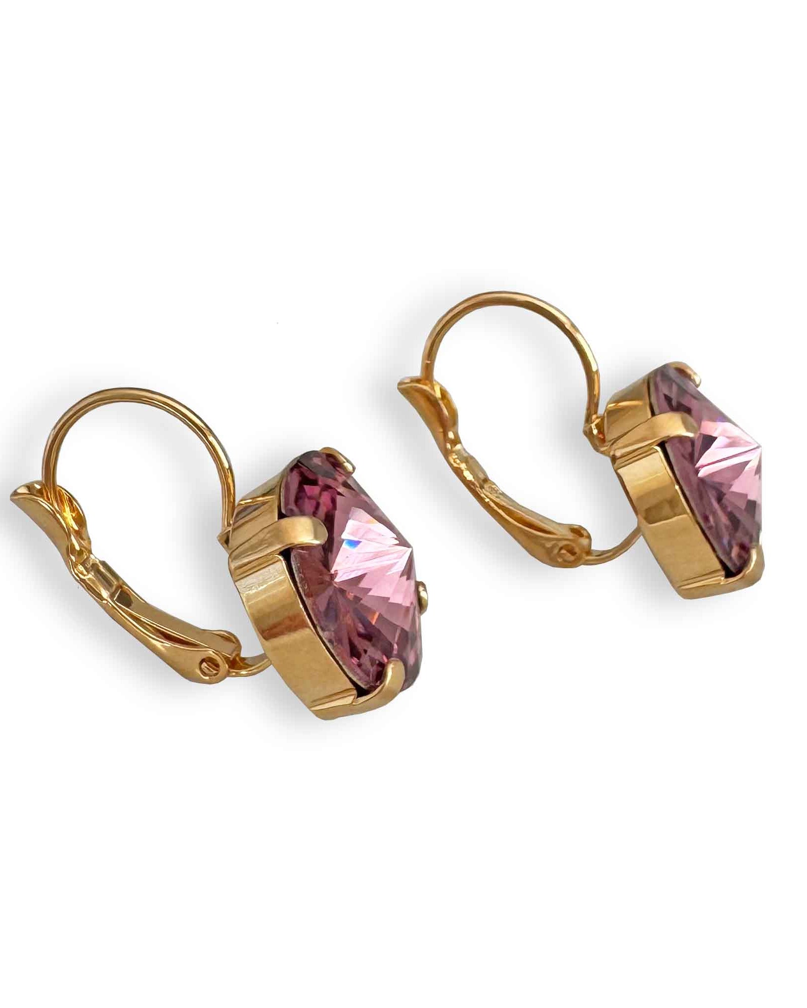 Side view of antique pink rivoli earrings by Petite Margaux.