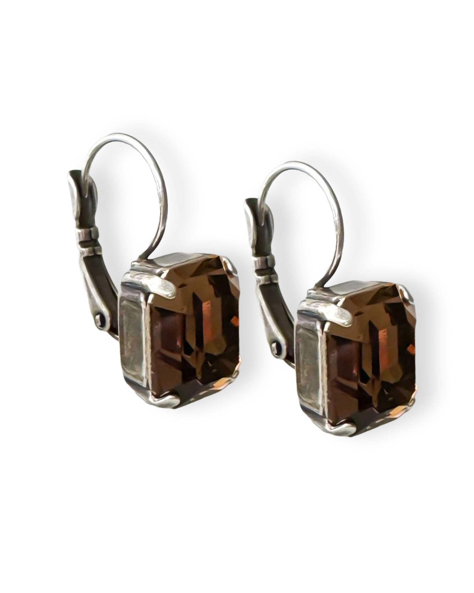 Emerald cut brown topaz crystal drop earrings in silver.