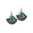 Front view of deep ocean teal and sapphire blue crystal party earrings in gold.