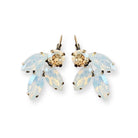 Pair of white opal and champagne crystal drop earrings in a leaf-like design with antique brass settings, displayed on a white background
