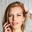 Blonde model wearing golden jeweled earrings.