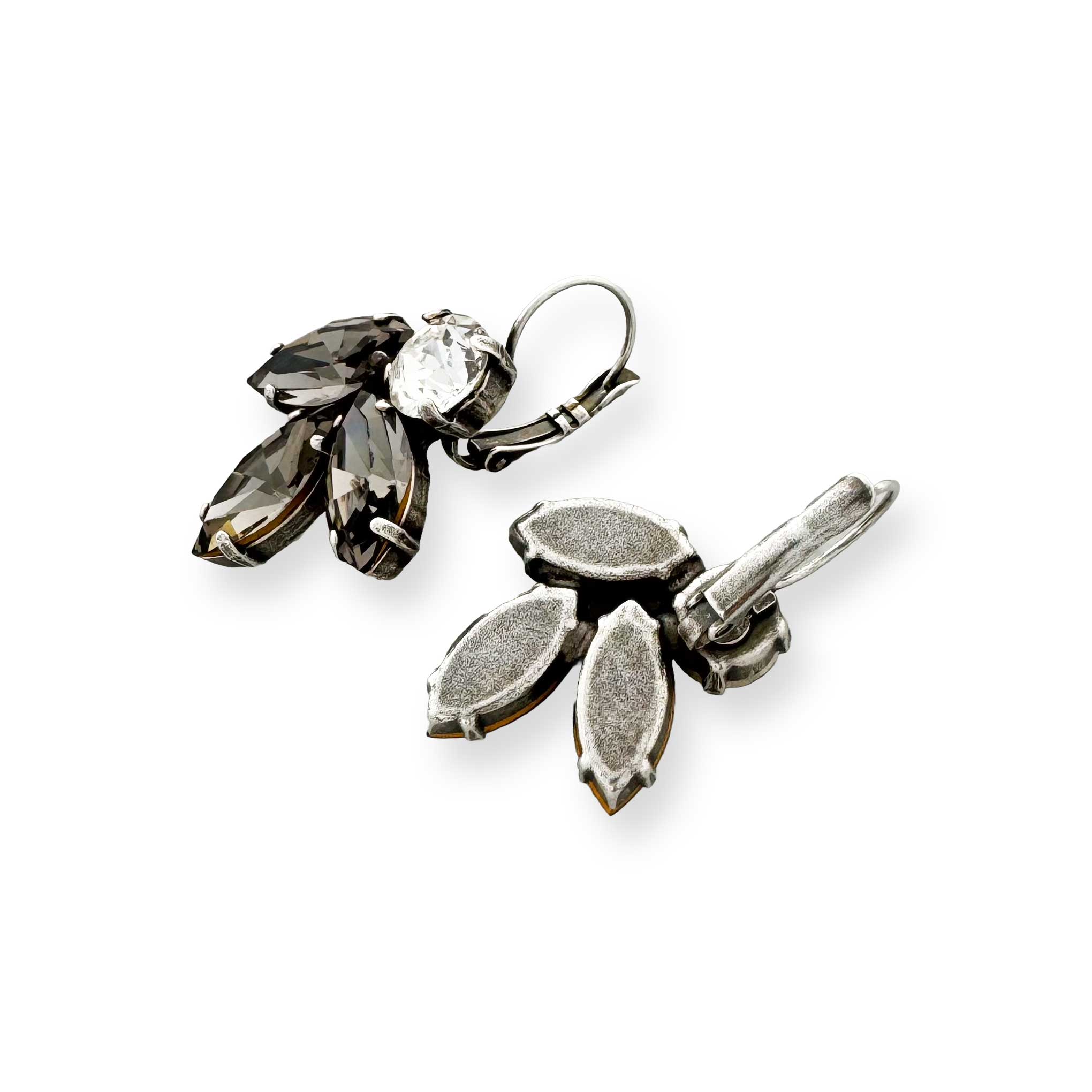 Black diamond marquise cut crystal earrings shown in antique silver.