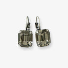 Gray crystal earrings in a rectangular emerald cut. Shown in antique silver.