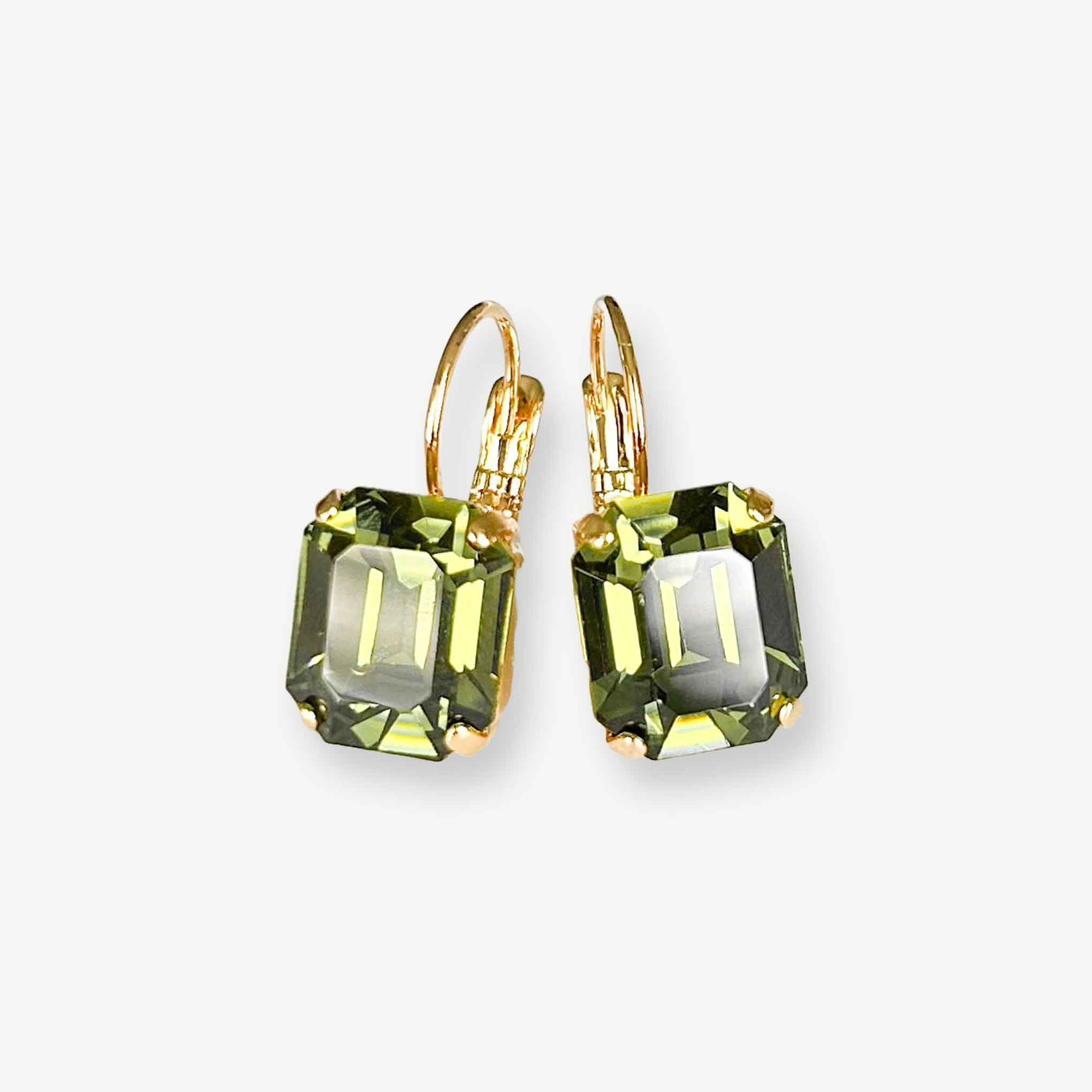 Olive green crystal lever back earrings. Crystal is vintage Swarovski and emerald cut.