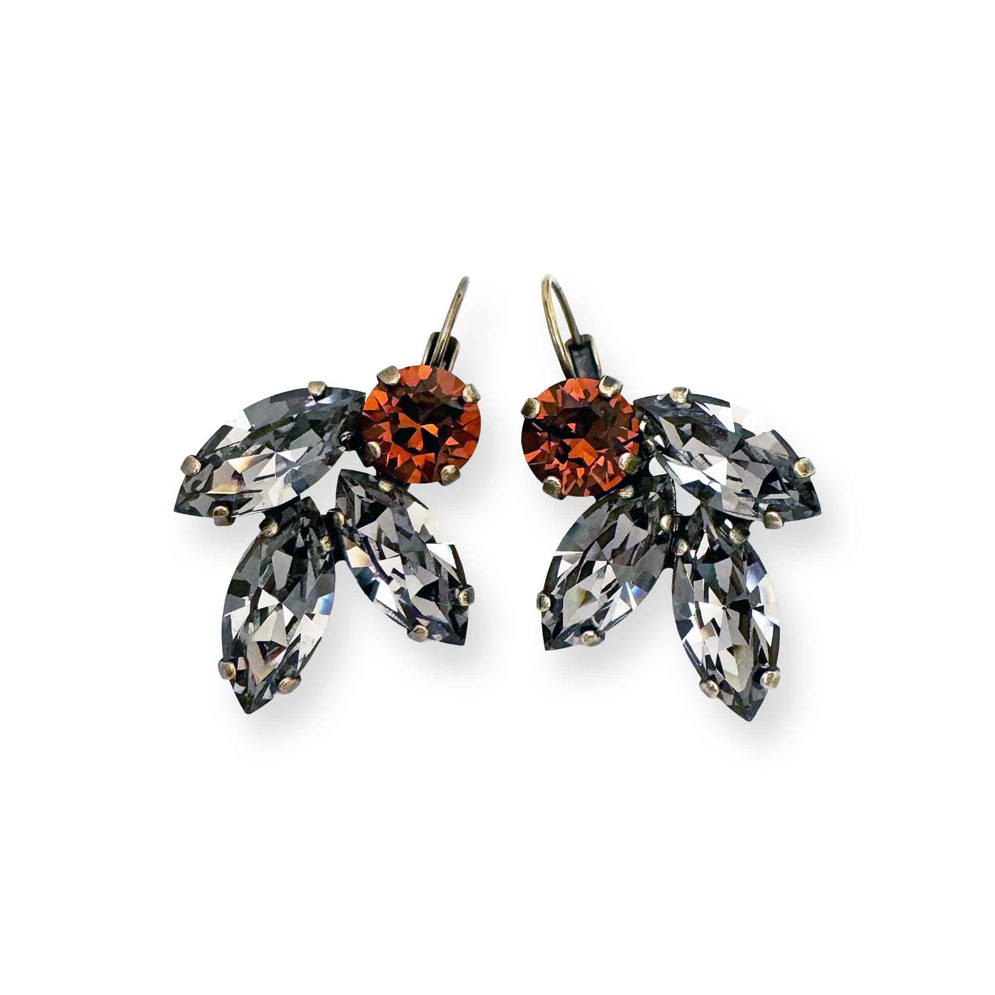 Black diamond and smokey brown topaz crystal costume earrings.