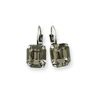 Gray crystal earrings in a rectangular emerald cut. Shown in antique silver.