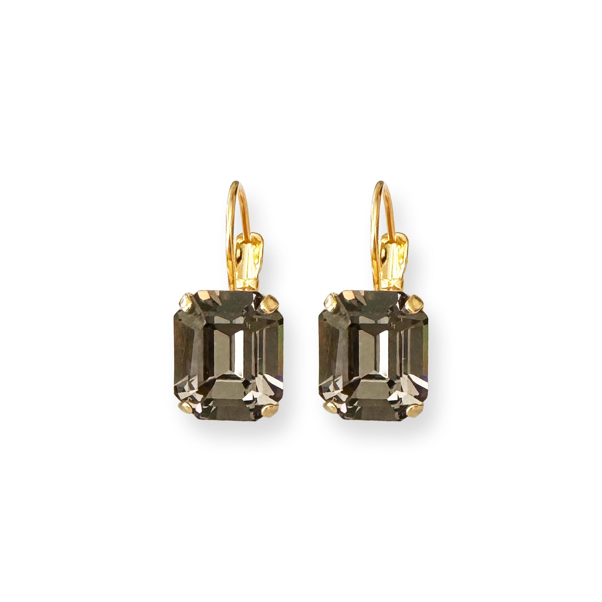 Classic black and gold earrings. Leverback, emerald cut drop style.