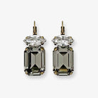 Clear and black diamond (grayish) crystal drop statement earrings. Modern and geometric in antique brass.