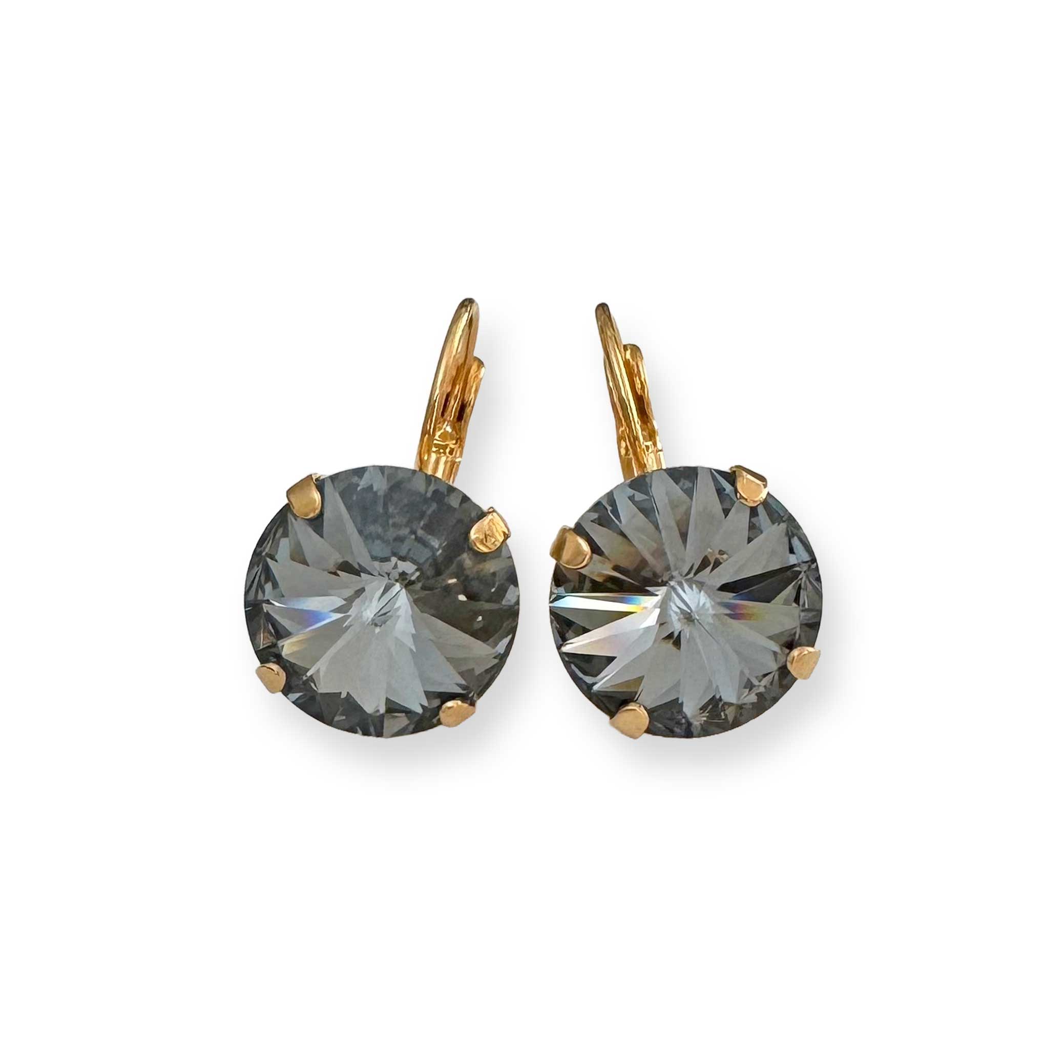 round crystal drop earrings with gold plated setting and black-gray rivoli crystal.