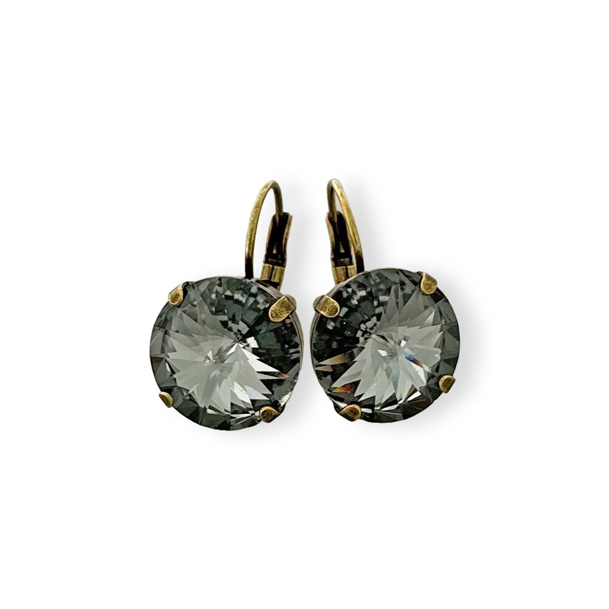 Round black rivoli crystal drop earrings.