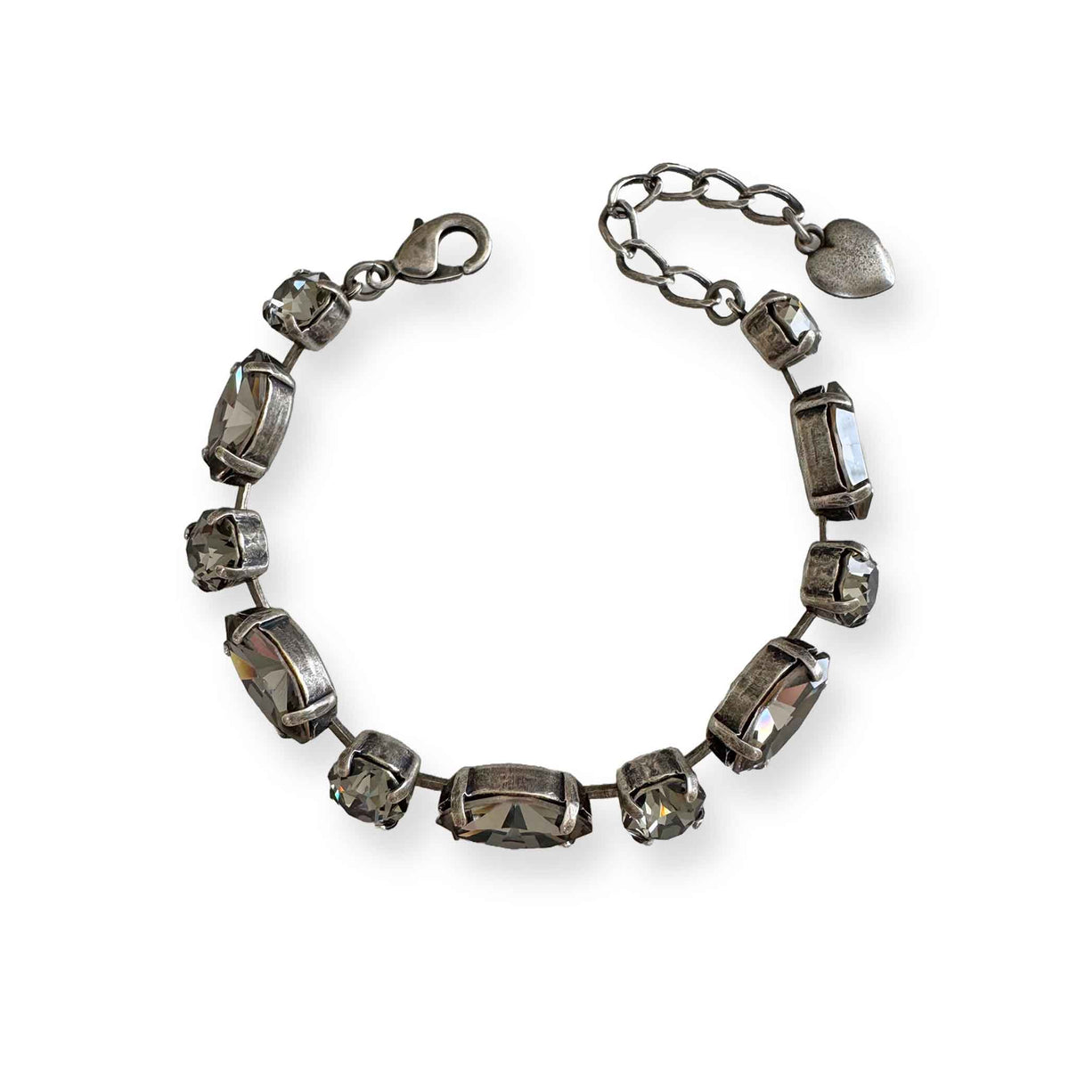 Black diamond crystal bracelet made with Swarovski crystals set in an antique silver adjustable bracelet.