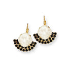 Black and white European crystal fan-shaped earrings shown in gold. 