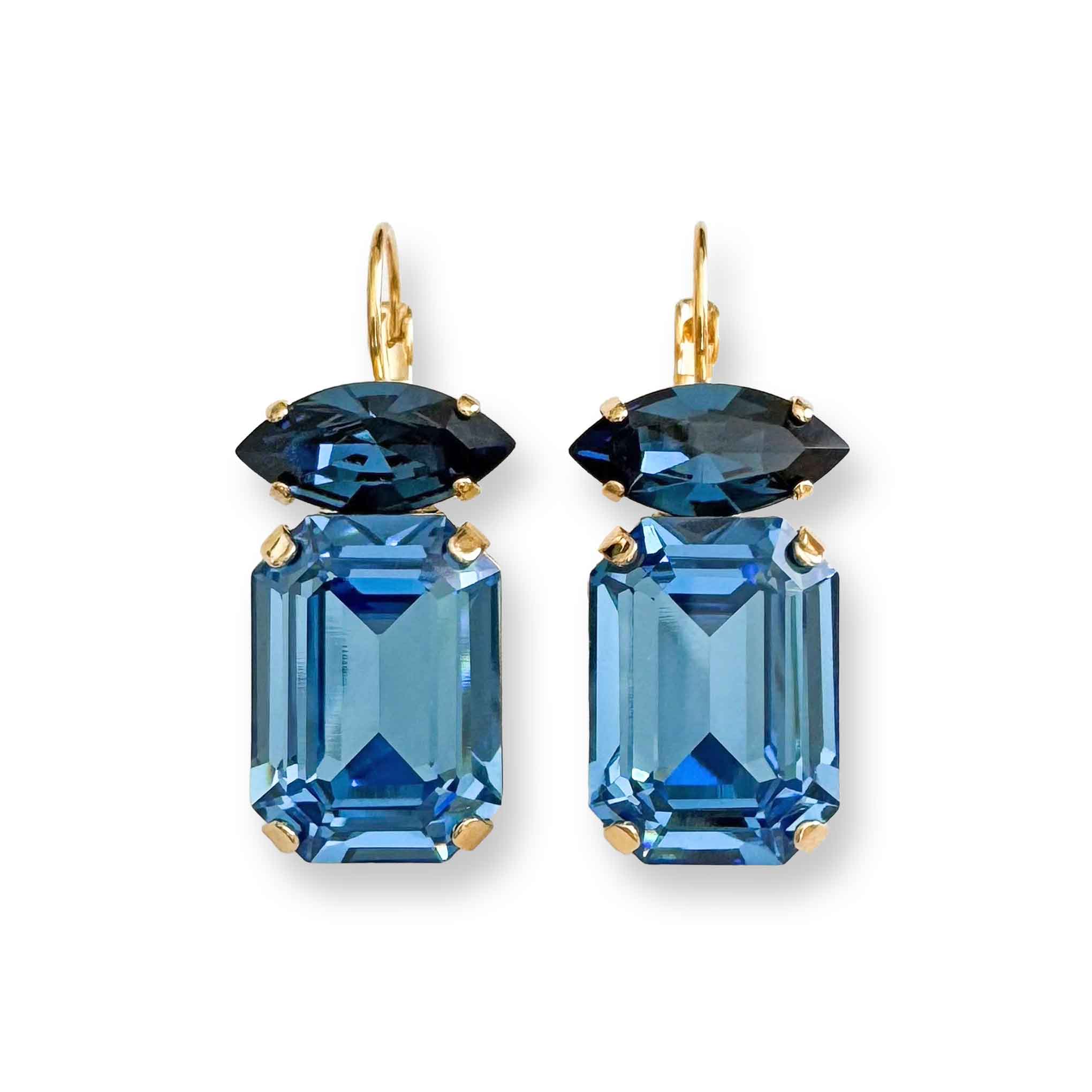 Blue jeweled earrings - emerald and marquise cut Czech crystal set in warm gold.