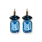 Emerald and marquise cut blue crystal drop earrings shown in antique brass.
