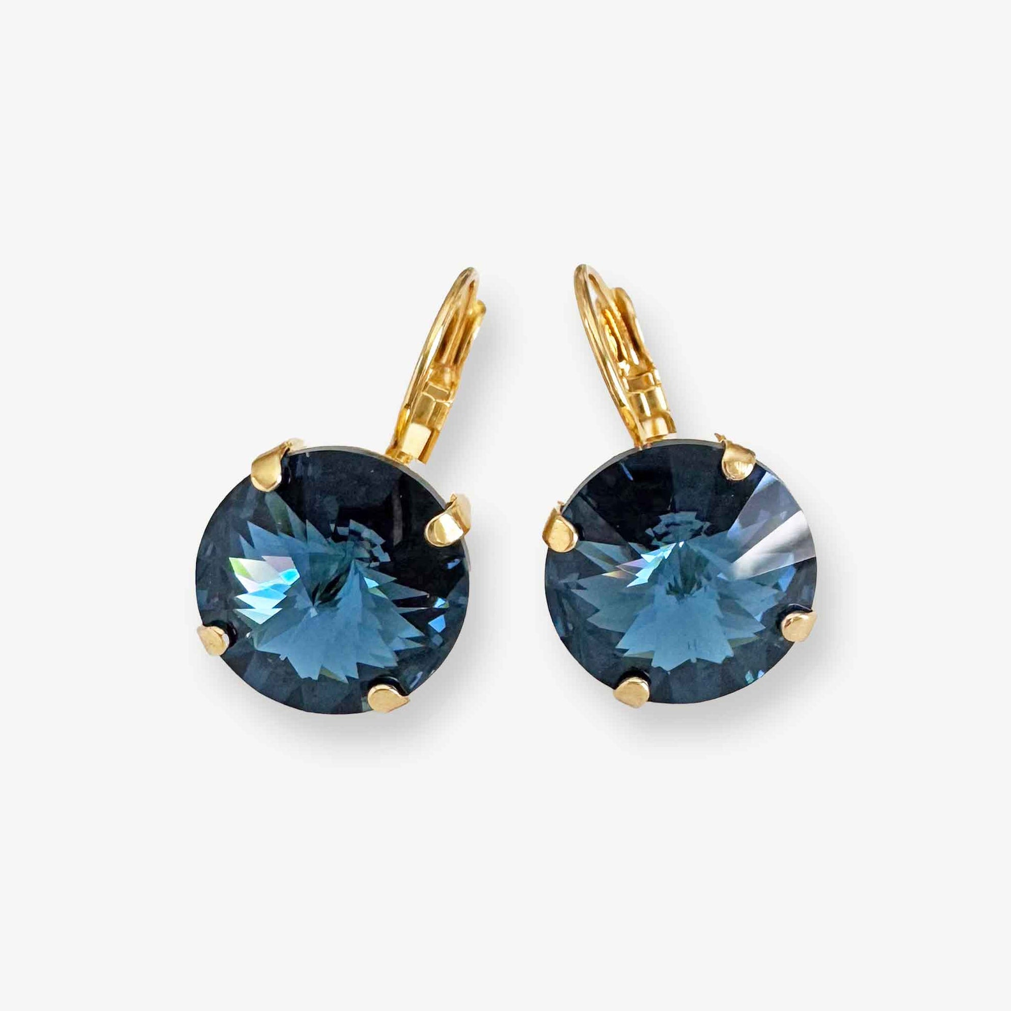 deep montana blue crystal drop earrings in gold settings. Crystals are Swarovski and rivoli cut.