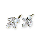 Clear leaf shaped rhinestone earrings in antique brass for weddings and events.