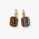 Emerald cut dark brown crystal drop earrings with leverbacks.