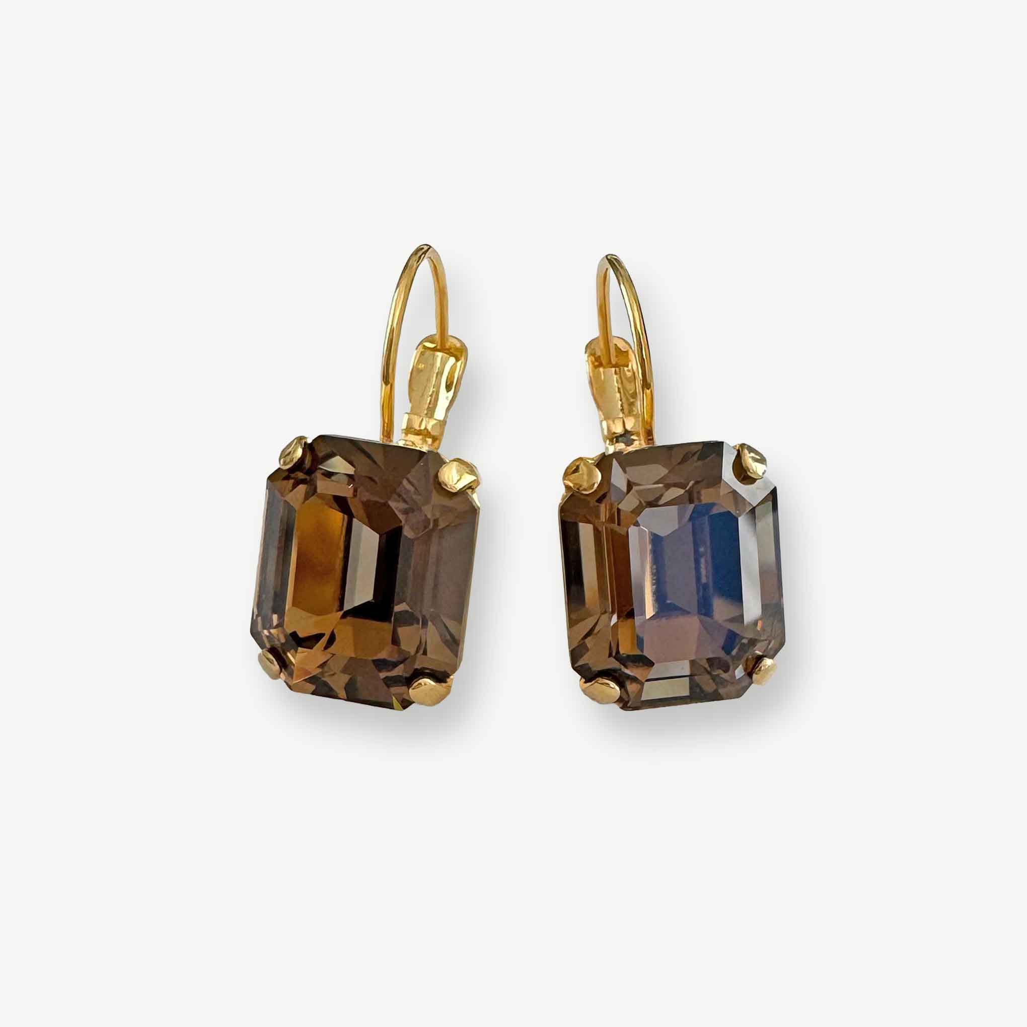 Emerald cut dark brown crystal drop earrings with leverbacks.