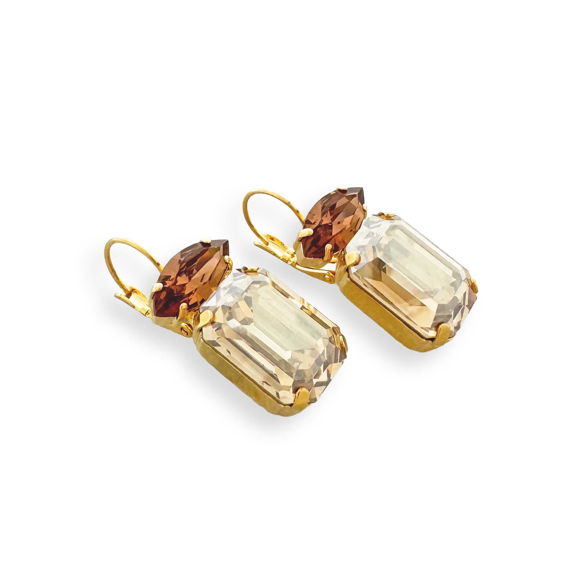 Brown and gold rhinestone crystal statement earrings - emerald and marquise cut.