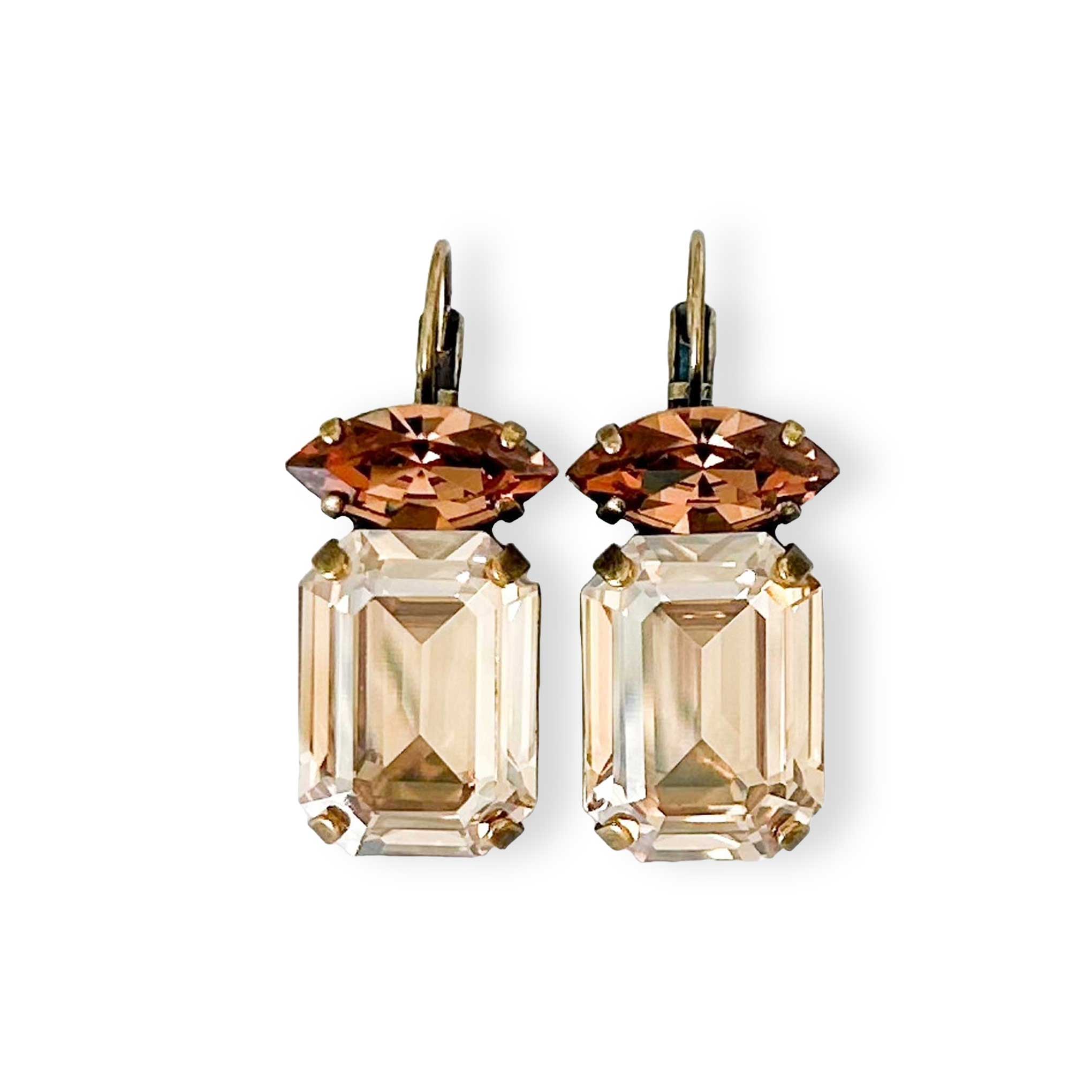 Brown Topaz Emerald Cut Drop Earrings. Crystal shapes are emerald cut with marquise cut. Shown in antique brass.