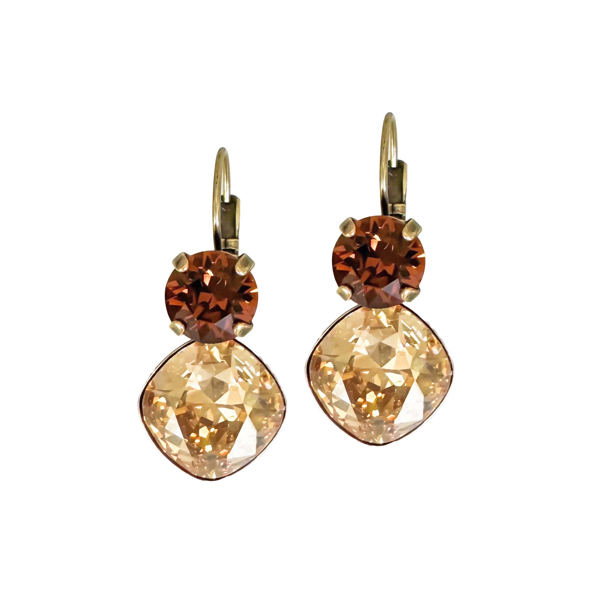 Crystal drop earrings with brown and yellow topaz color European cut crystal. Shown in antique brass.