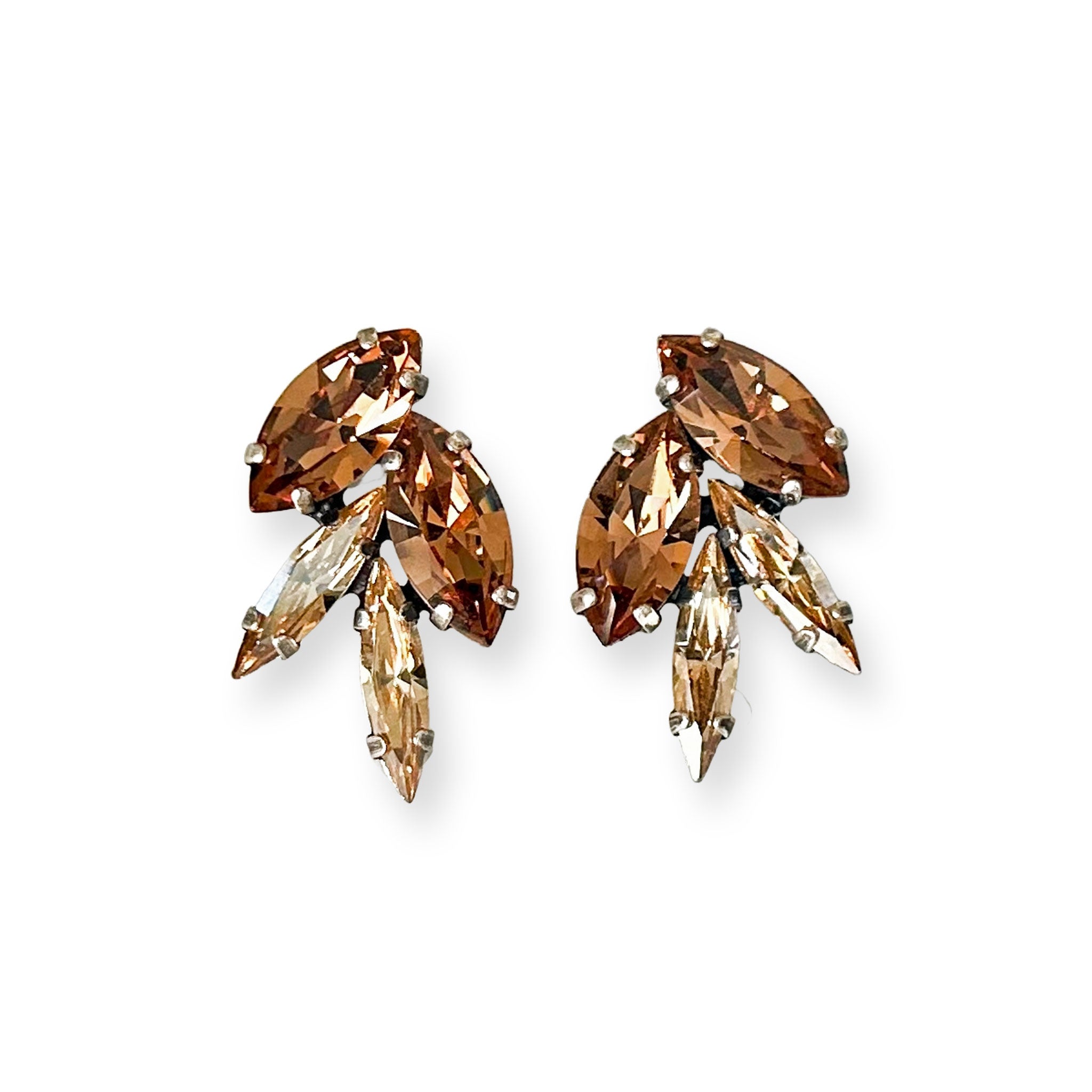 Brown and champagne color crystal rhinestone stud earrings with a leaf motif. Brown statement earrings of Austrian crystal.