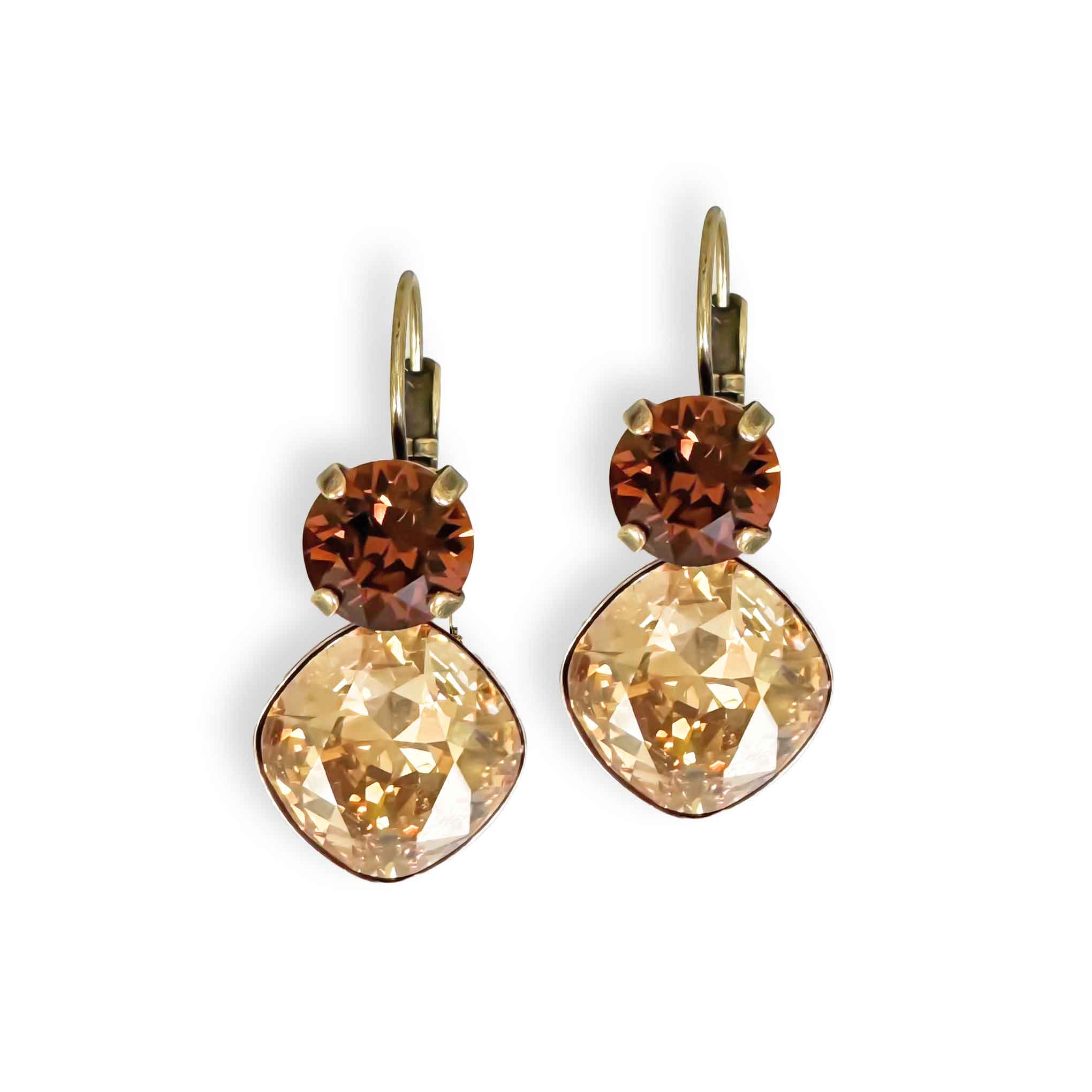 Crystal drop earrings with brown and yellow topaz color European cut crystal. Shown in antique brass.
