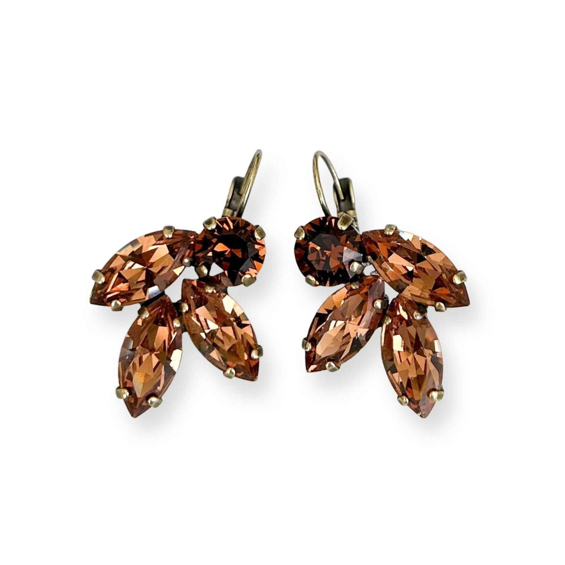 Smokey topaz crystal earrings in a leaf motif of vintage Swarovski crystal.