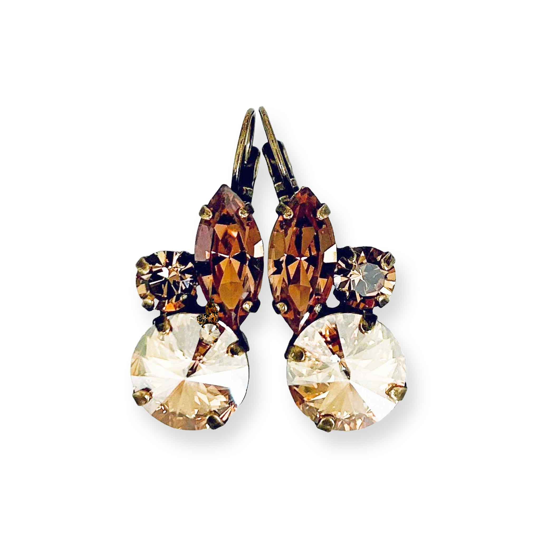 Gold and brown crystal rhinestone earrings shown in antique brass.