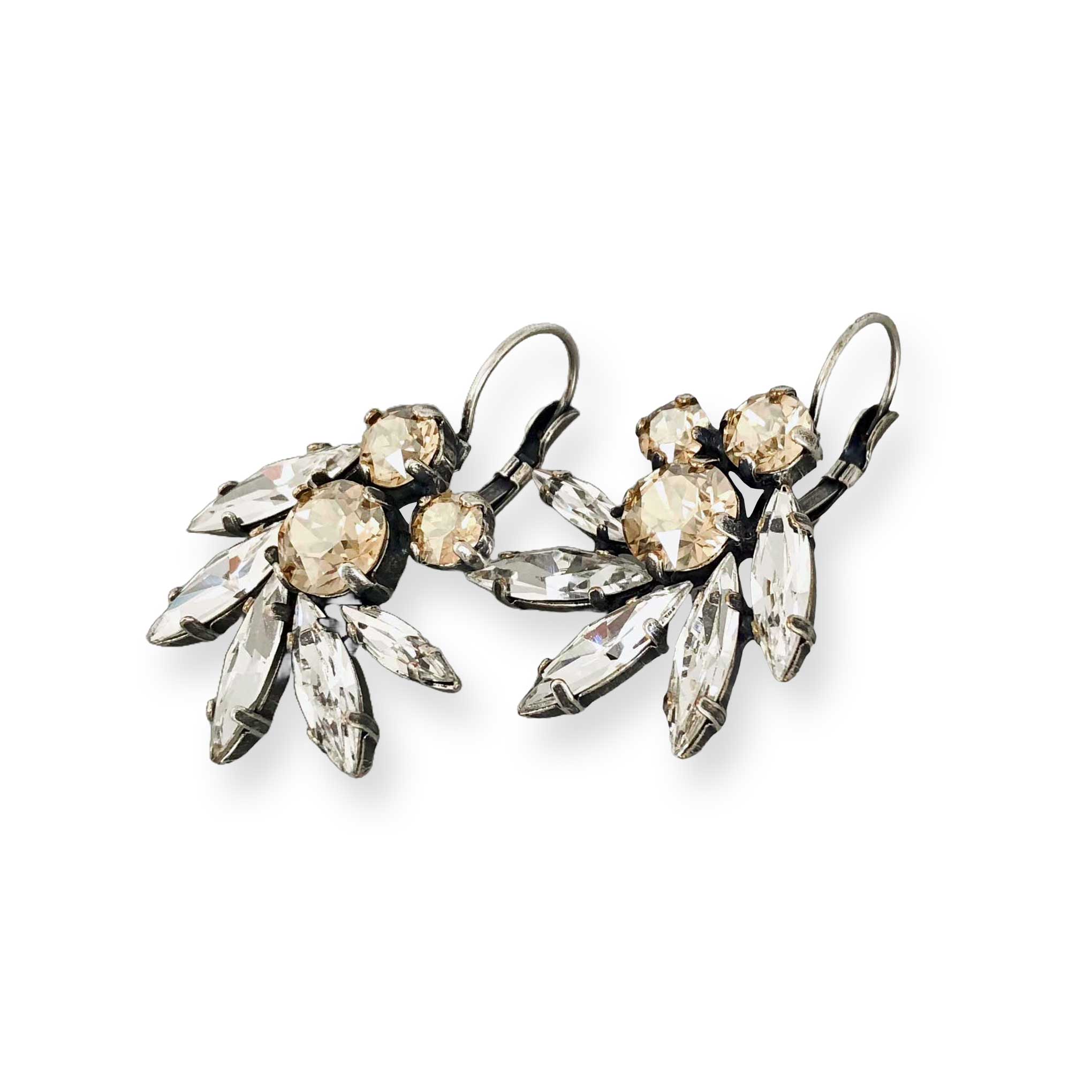 Antique finish crystal statement earrings for weddings and formal events. Side view shown.