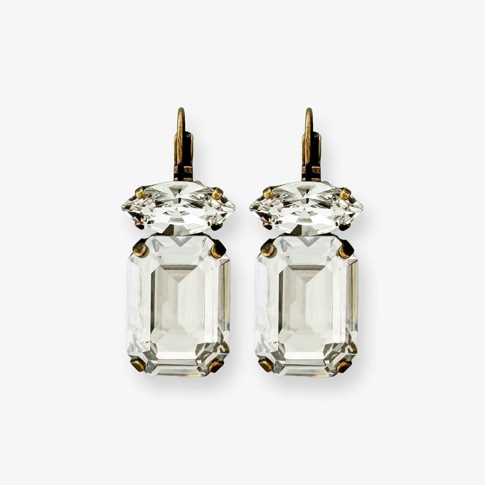 Emerald cut clear crystal statement earrings in antique brass.