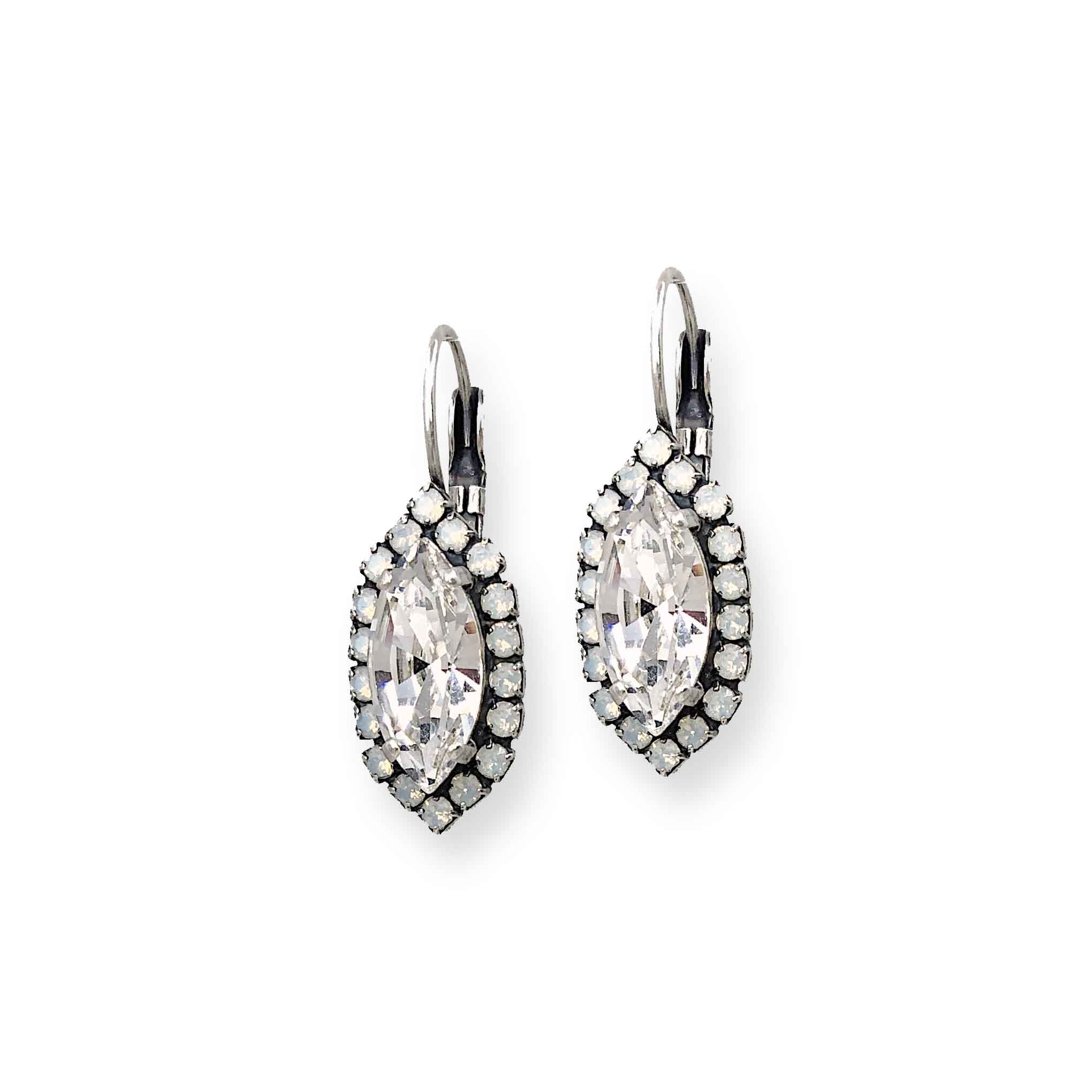 Clear marquise-cut crystal drop earrings framed by white opal halos.