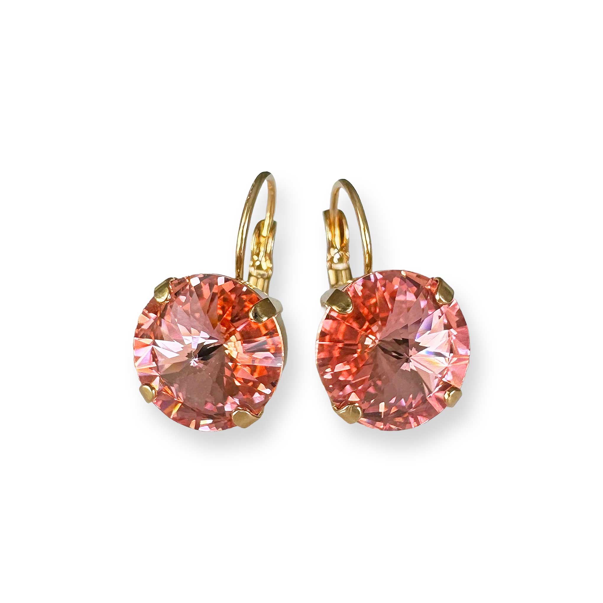 Gold drop earrings with 14mm coral and peach European crystals on leverback hooks, photographed on a neutral background.