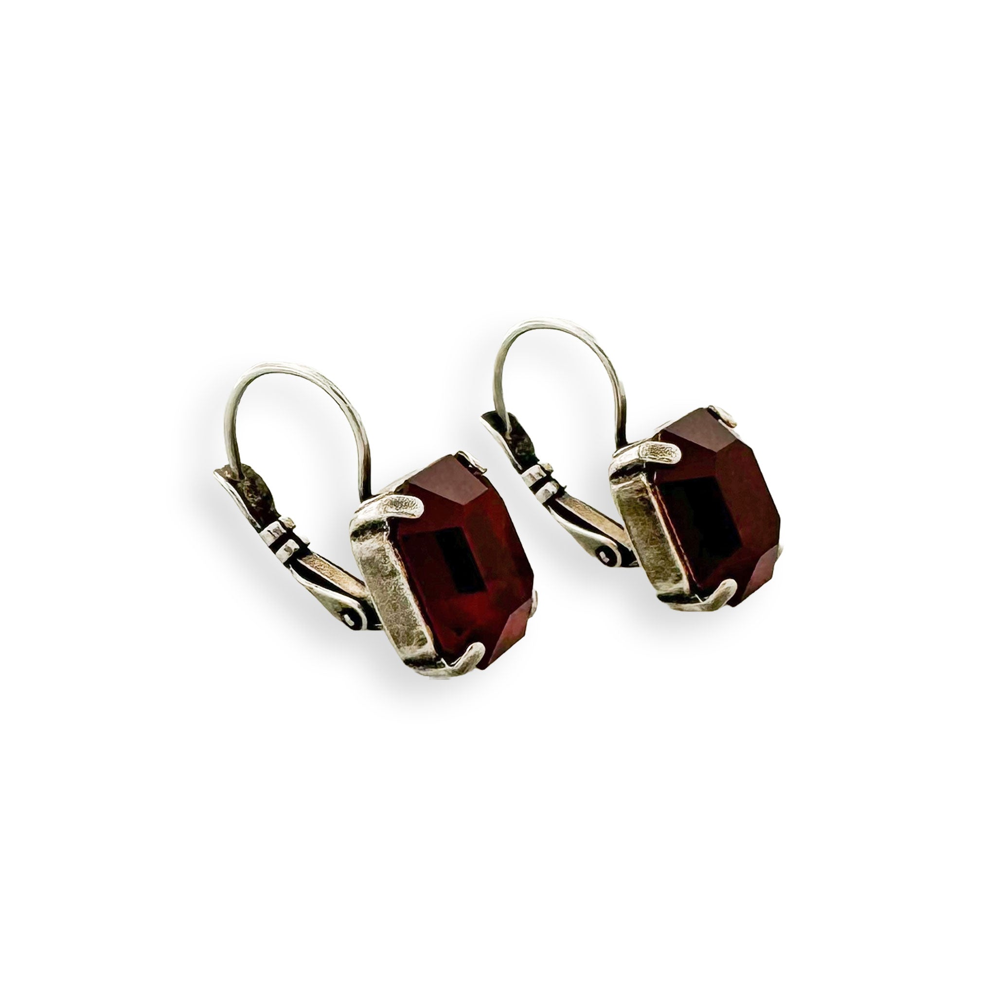 red stone cushion cut leverback earrings.