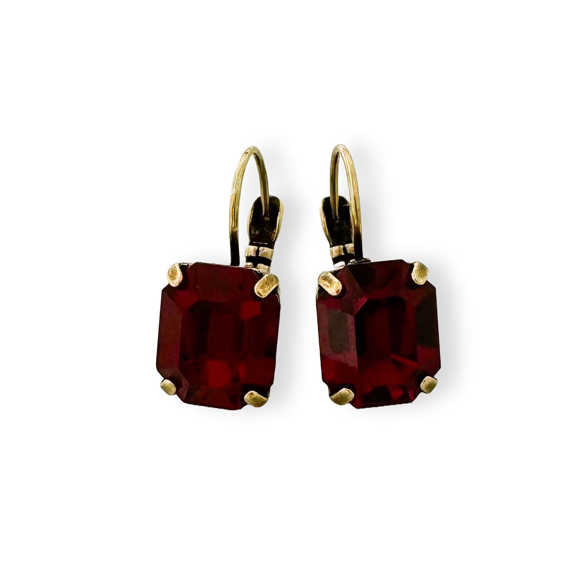 Dark red drop earrings with Austrian crystal, emerald cut.