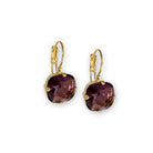 Side view of cushion cut, purple stone leverback earrings shown in gold.