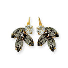 Black diamond marquise cut crystal drop earrings shown in gold with leaf motif.