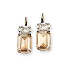 Emerald cut champagne drop earrings shown in antique brass finish.