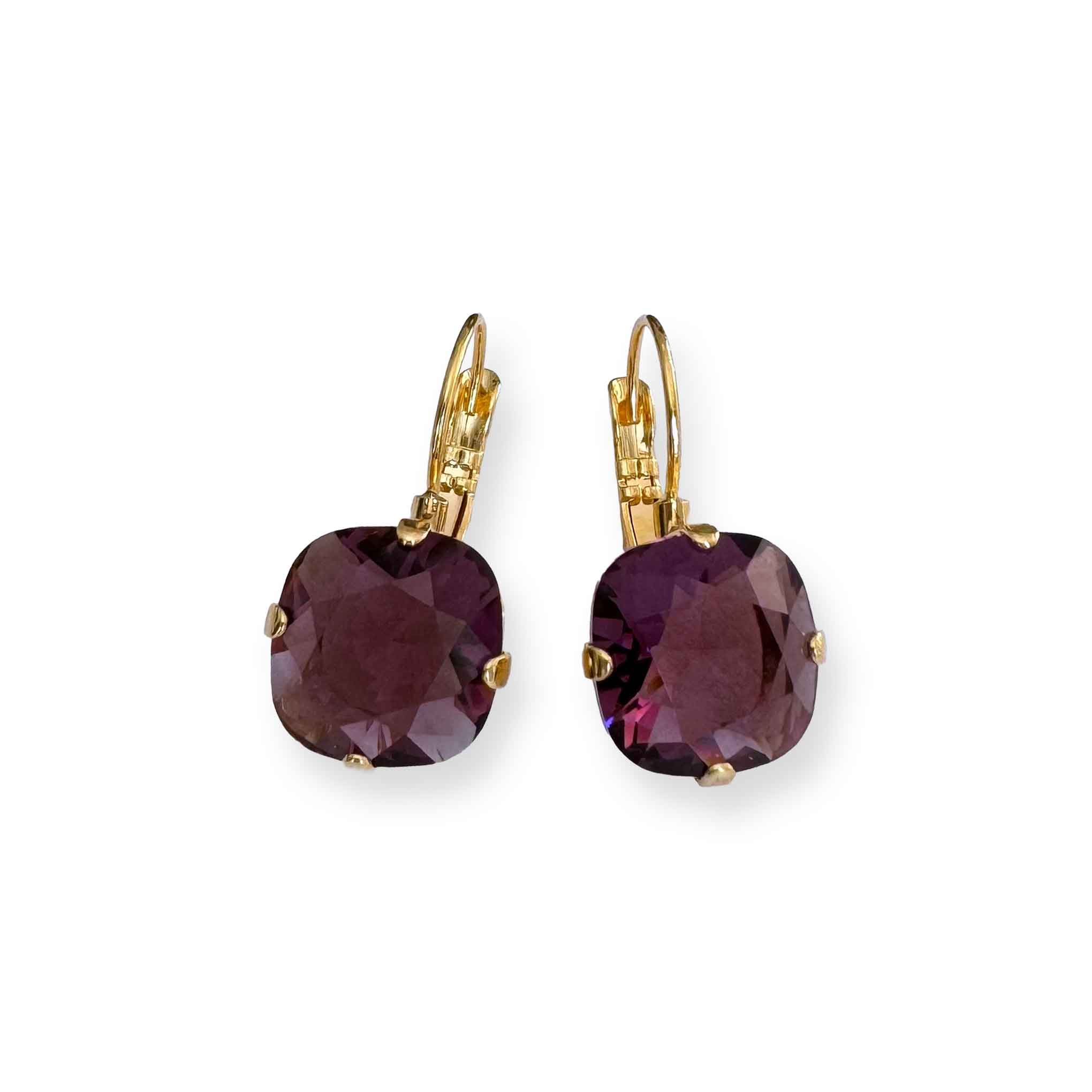 Gold and purple stone drop earrings, cushion - cut.