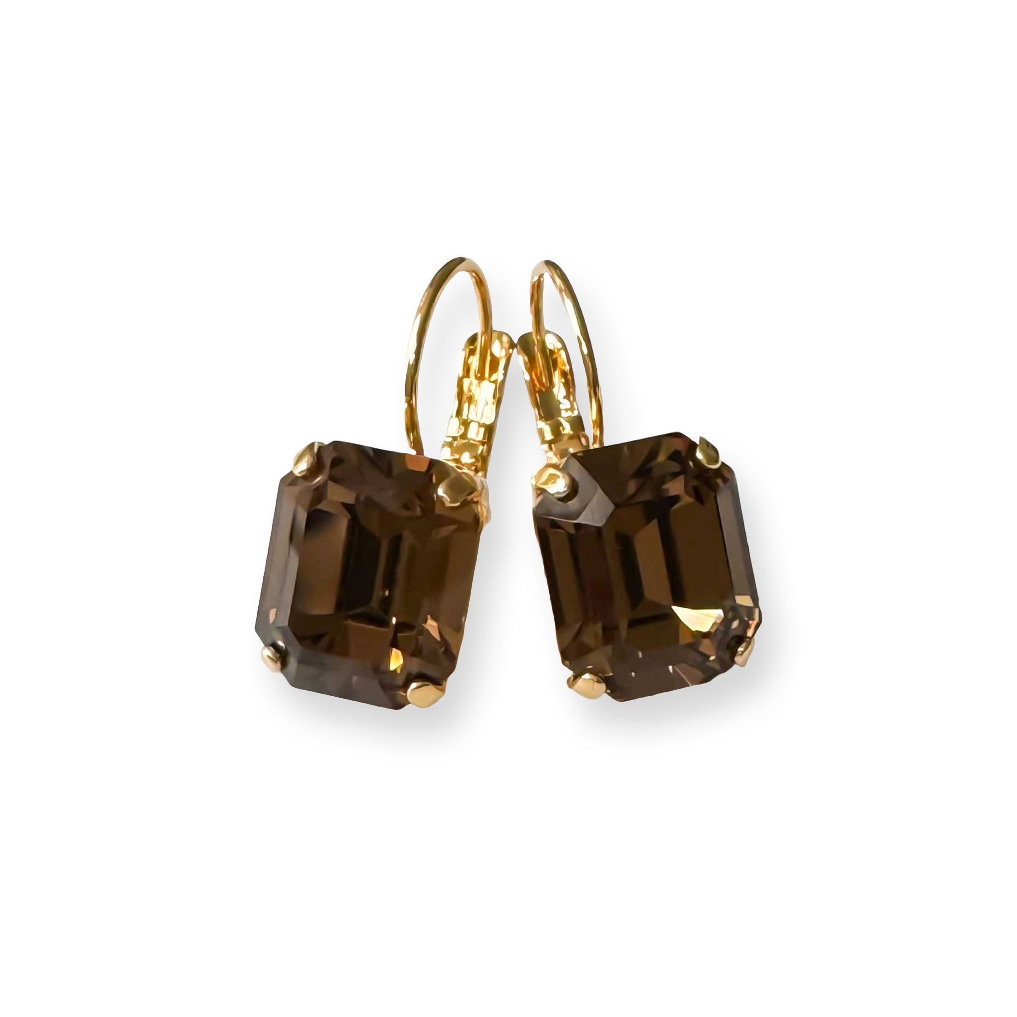 Emerald cut dark brown crystal drop earrings with leverbacks.