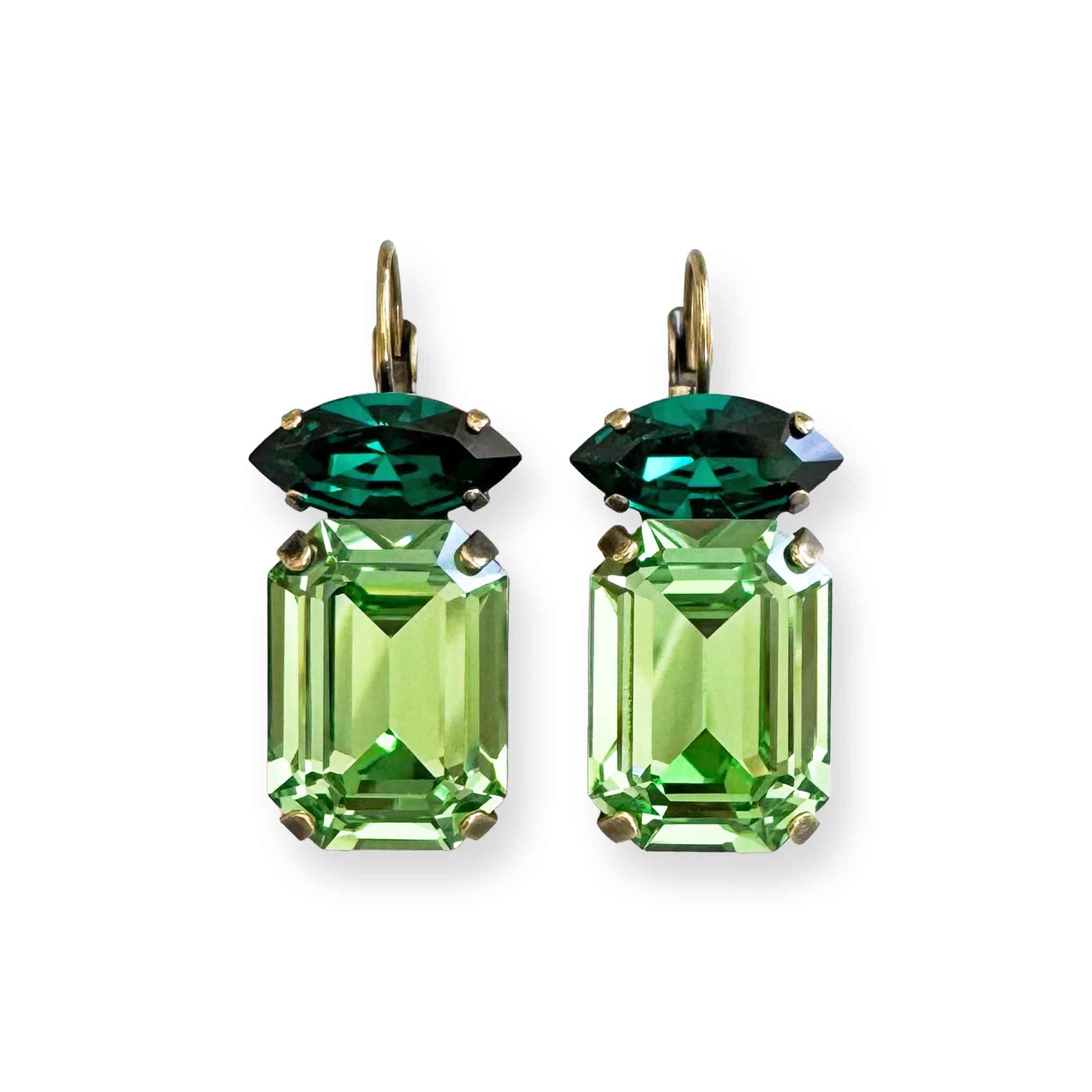 Dark and light green crystal drop earrings with emerald and marquise cut crystals shown in antique brass.