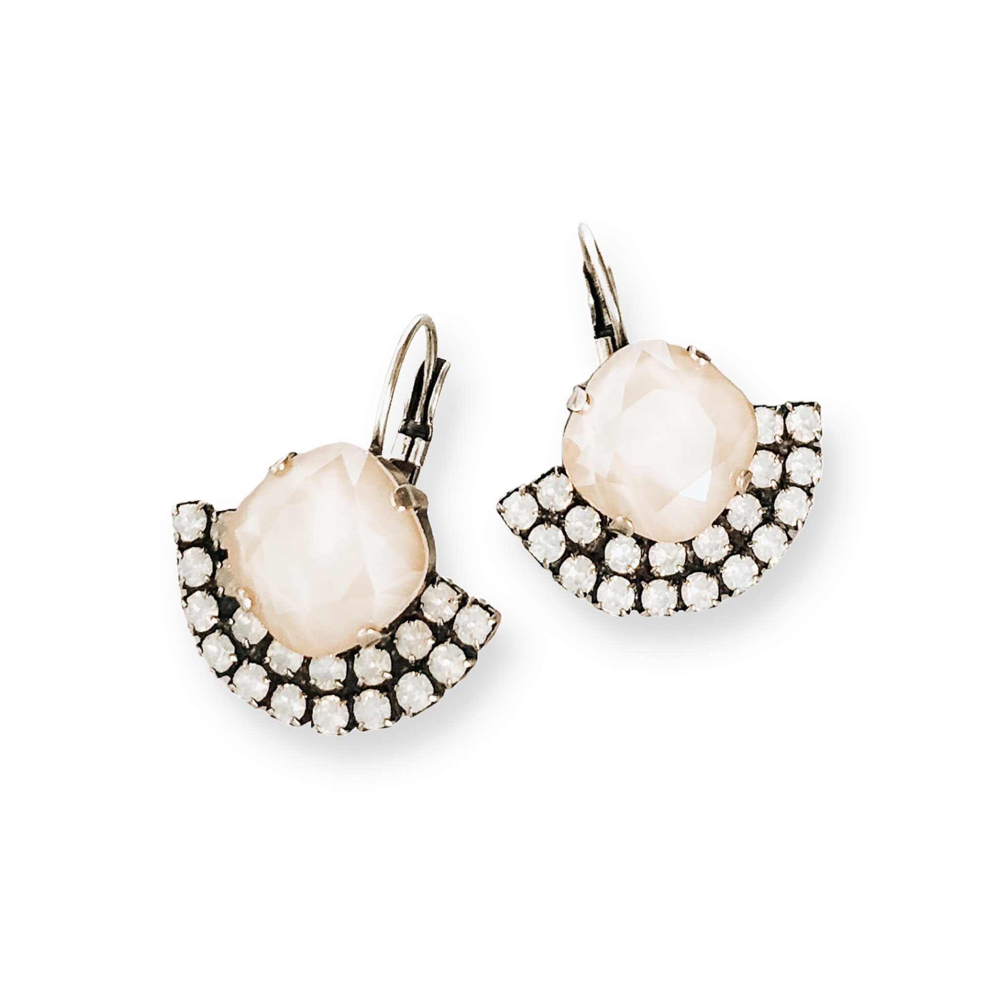 Light blush crystal drop earrings in silver fan shape. These earrings are great with off-white or ivory dresses.